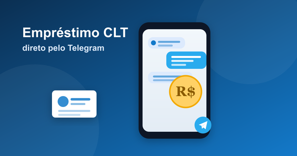 Ilustração de um celular com conversa de Telegram, uma moeda de Real e um cartão de identificação, representando o empréstimo CLT solicitado pelo Telegram