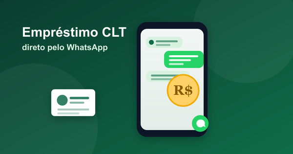 Ilustração de um celular com conversa de WhatsApp, uma moeda de Real e um cartão de identificação, representando o empréstimo CLT solicitado pelo WhatsApp